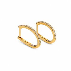 A pair of gold hoop earrings featuring clear stones.