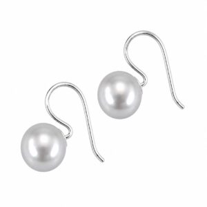 A pair of silver hook earrings featuring a grey pearl.