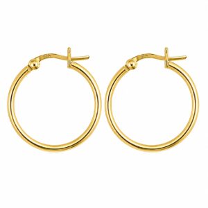 A pair of thin gold hoop earrings showing a latch closure.