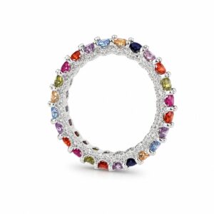 A silver ring featuring round multi-colored stones.