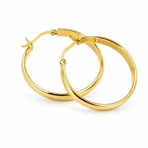 A pair of thin, smooth gold hoop earrings.