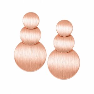 A pair of rose gold stud earrings featuring three stacked, textured circles.