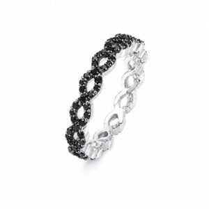 A silver ring featuring a twisted infinity band set with black stones.