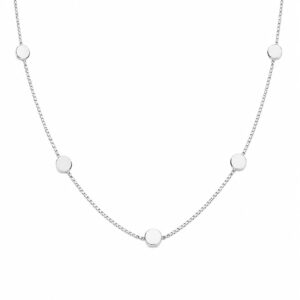 A delicate silver chain necklace featuring evenly spaced circular discs