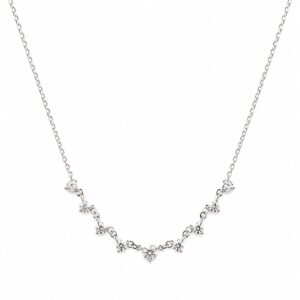 A delicate silver chain necklace featuring a curved centrepiece with small, clustered stones.