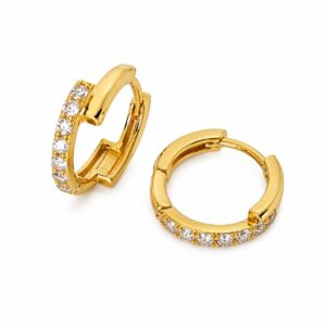 A pair of gold hoop earrings featuring a single row of clear stones.