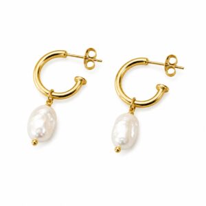 A pair of gold hoop earrings, each with a dangling white pearl, featuring stud backs.