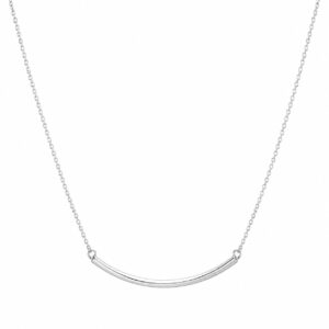 Silver chain necklace featuring a curved bar pendant.