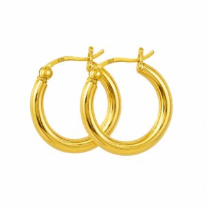 A pair of thick gold hoop earrings showing a latch closure.
