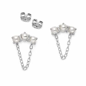 A pair of silver stud earrings featuring three white pearls, a dangling silver chain, and silver butterfly backs.