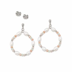 A pair of silver stud earrings featuring a hoop shape made of alternating small white pearls and beads, with butterfly backs.