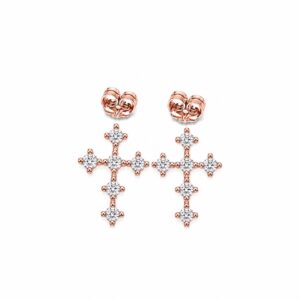 A pair of rose gold stud earrings shaped like crosses, set with clear stones, with butterfly backs.