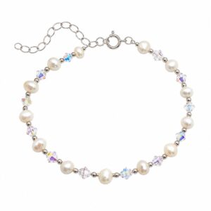 A bracelet featuring alternating small white pearls and clear beads, with a clasp and an adjustable extender chain.