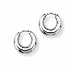 A pair of thick silver hoop earrings showing a hinge closure.