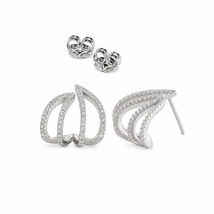 A pair of silver stud earrings featuring an open, curved leaf design paved with clear stones.