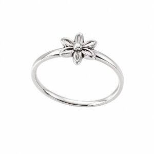 A silver ring featuring a flower shape.