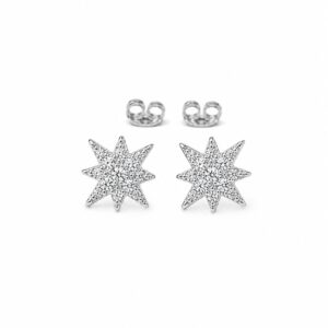 Silver starburst stud earrings set with sparkling stones