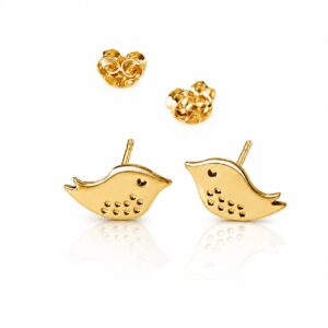 A pair of gold stud earrings shaped like small stylized birds with textured dot details.