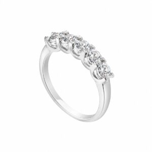 A silver ring featuring round clear stones.