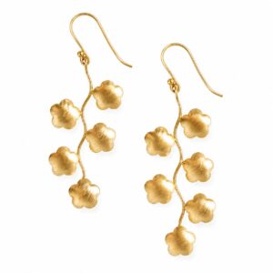 Gold floral vine drop earrings with brushed flower charms
