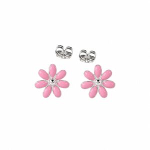 A pair of silver stud earrings featuring a pink flower shape with a clear stone center, and silver butterfly backs.