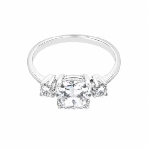 A silver ring featuring clear stones , one big stone in the centre