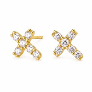 A pair of gold stud earrings shaped like a cross, set with clear stones.