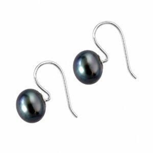 A pair of silver hook earrings featuring a dark blue pearl.
