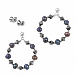 A pair of silver stud earrings featuring a hoop shape made of alternating dark pearls and dark beads, with butterfly backs.