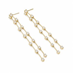 Gold-plated double-chain drop stud earrings with clear CZ stones