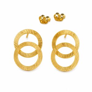 A pair of gold stud earrings featuring two interlocking textured circles, with butterfly backs.
