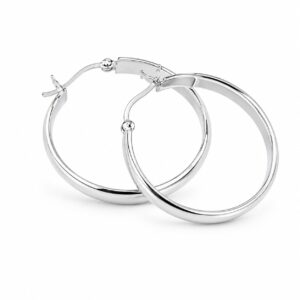 A pair of thin, smooth silver hoop earrings.