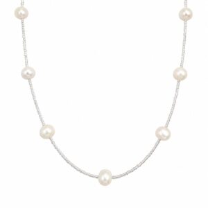silver chain necklace featuring evenly spaced white pearls.