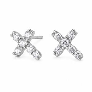 A pair of silver stud earrings shaped like a cross, set with clear stones.