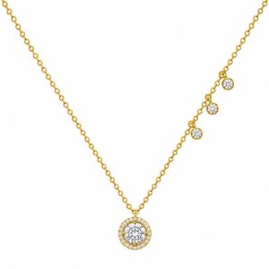 gold chain necklace featuring an asymmetrical design with three small dangling clear stones along one side and one large pendant in the middle