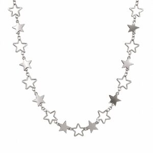 silver chain necklace featuring a continuous row of alternating solid and open star-shaped links.