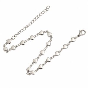 silver chain anklet featuring a continuous row of small, solid heart-shaped links and an adjustable clasp.
