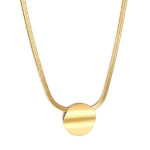 flat gold herringbone chain necklace featuring a solid round gold disc pendant