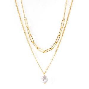 layered gold chain necklace featuring delicate chains with one with elongated paperclip-style links and one with a freshwater pearl