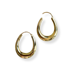A pair of smooth, polished gold oval hoop earrings.