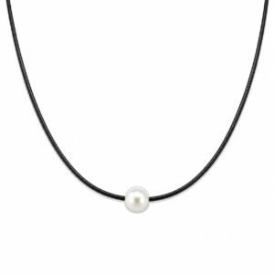 Home Black Leather necklace featuring a single round white freshwater pearl at the centre.