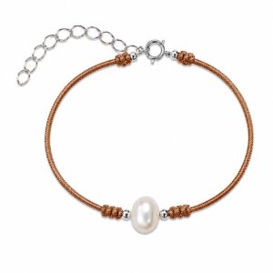 Home brown cord bracelet featuring a central freshwater pearl with small two silver beads and decorative knots, with a silver clasp and adjustable extender chain.