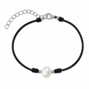 Home Black silk rope bracelet featuring a central freshwater pearl with small two silver beads and decorative knots, with a silver clasp and adjustable extender chain.