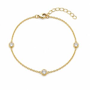 gold chain bracelet featuring evenly spaced, small, clear round stones, finished with a gold clasp and an adjustable extender chain.