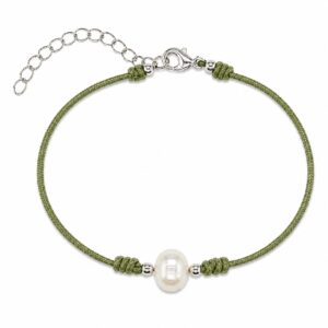 Home olive green cord bracelet featuring a central freshwater pearl with small two silver beads and decorative knots, with a silver clasp and adjustable extender chain.