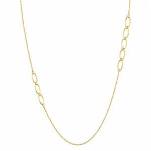 gold chain necklace featuring an asymmetrical section of interconnected open oval links.